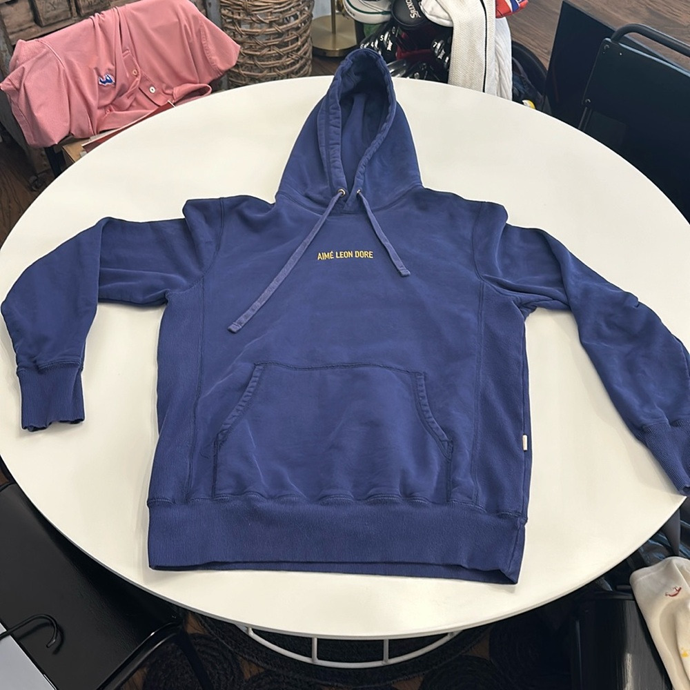 Aime Leon Dore Navy Blue Hoodie with Yellow Logo